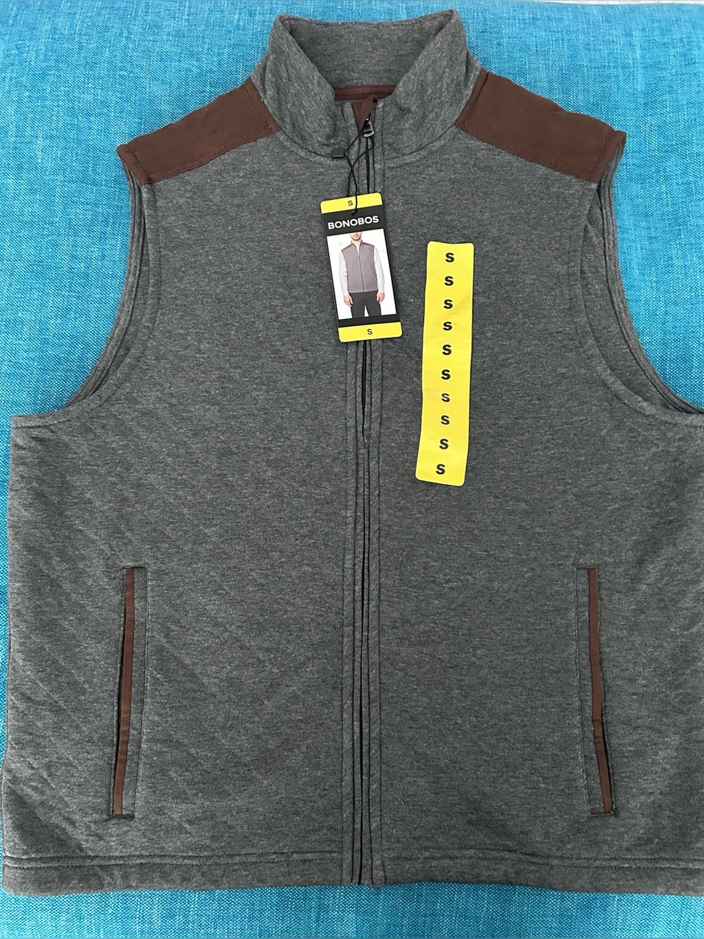Bonobos Gray Knit Vest with Brown Trim
